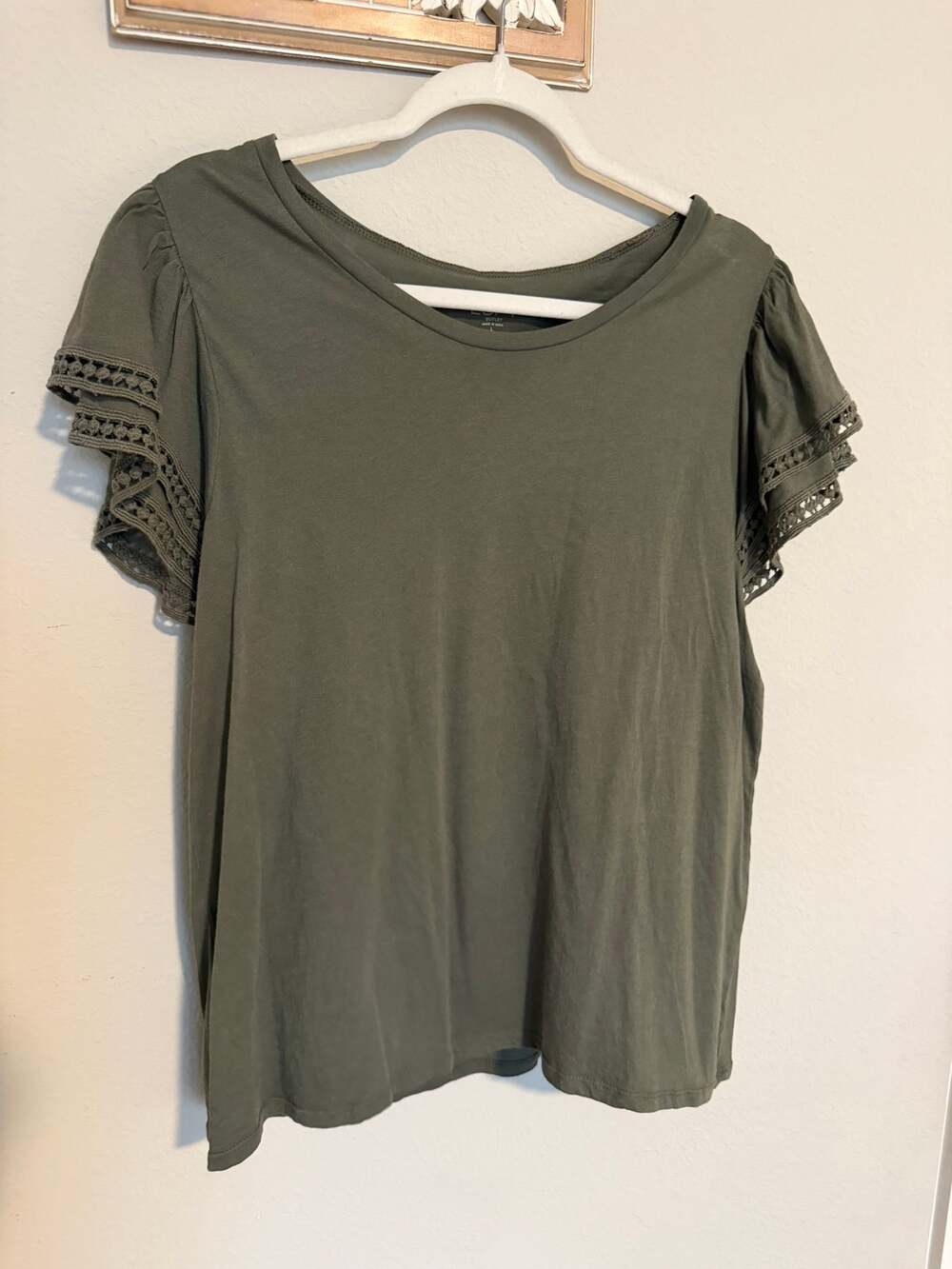 LOFT Outlet Olive Green Crochet Trim Flutter Sleeve Top Large